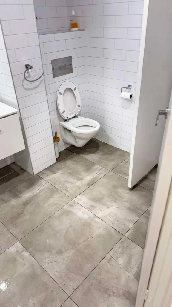 Deep-cleaned bathroom with spotless floor tiles, toilet, and wall surfaces.