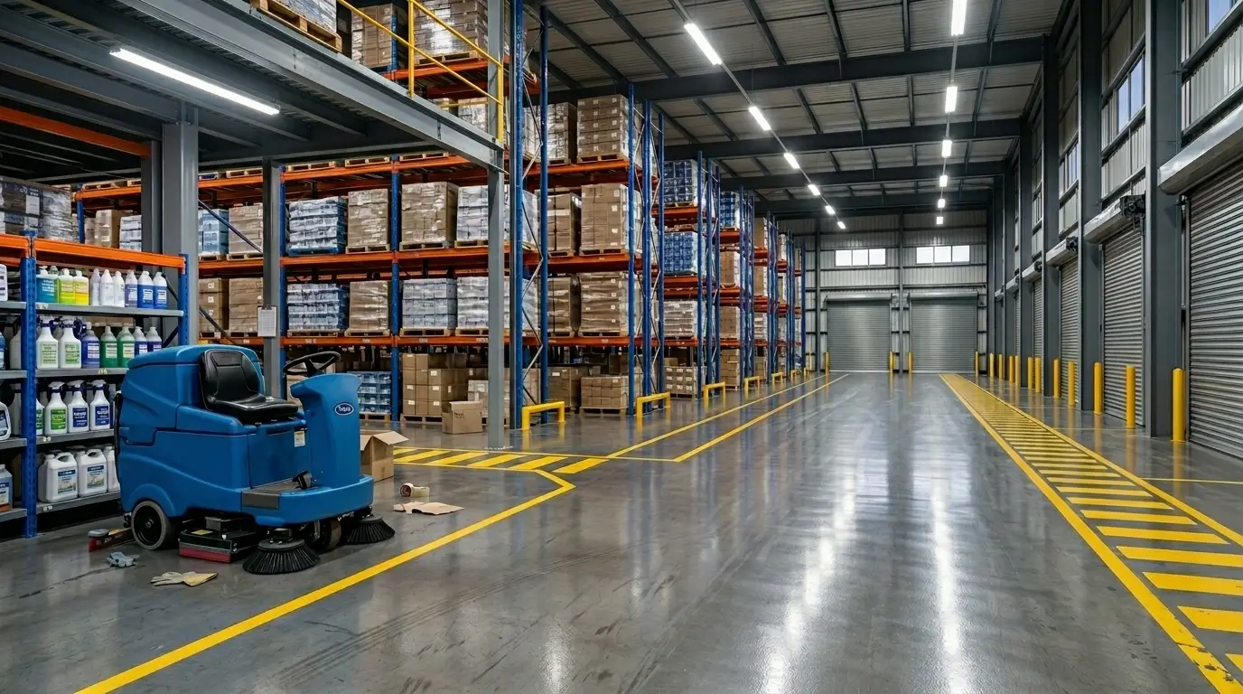 Commercial cleaning Melbourne — industrial warehouse with freshly scrubbed epoxy floors and organised shelving