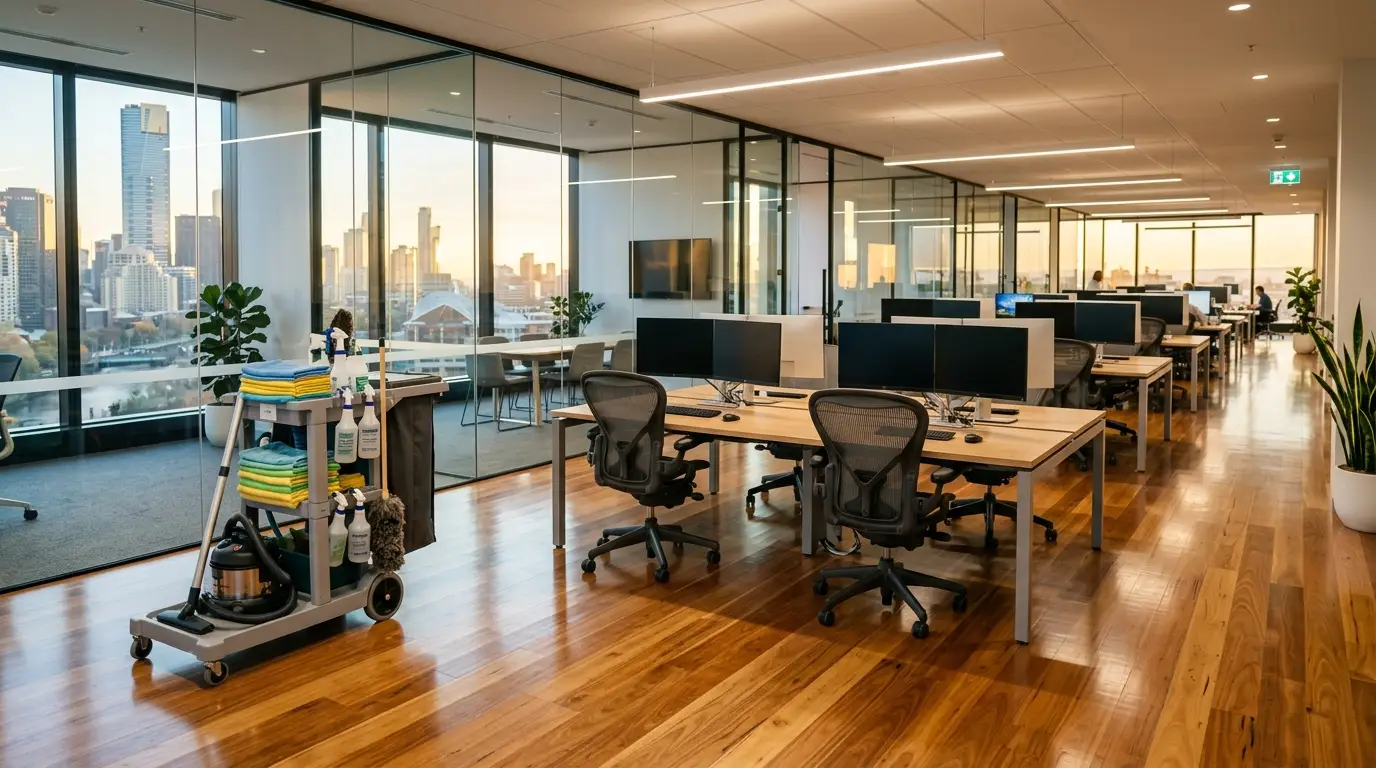 Commercial cleaning services in Melbourne — spotless open-plan office with gleaming floors and clean desks
