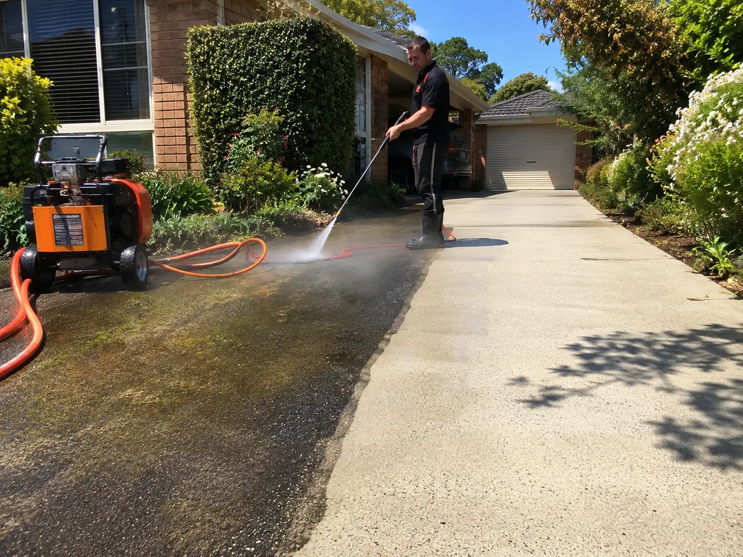 High pressure cleaning Melbourne, concrete driveway with dramatic clean and dirty contrast under water jet