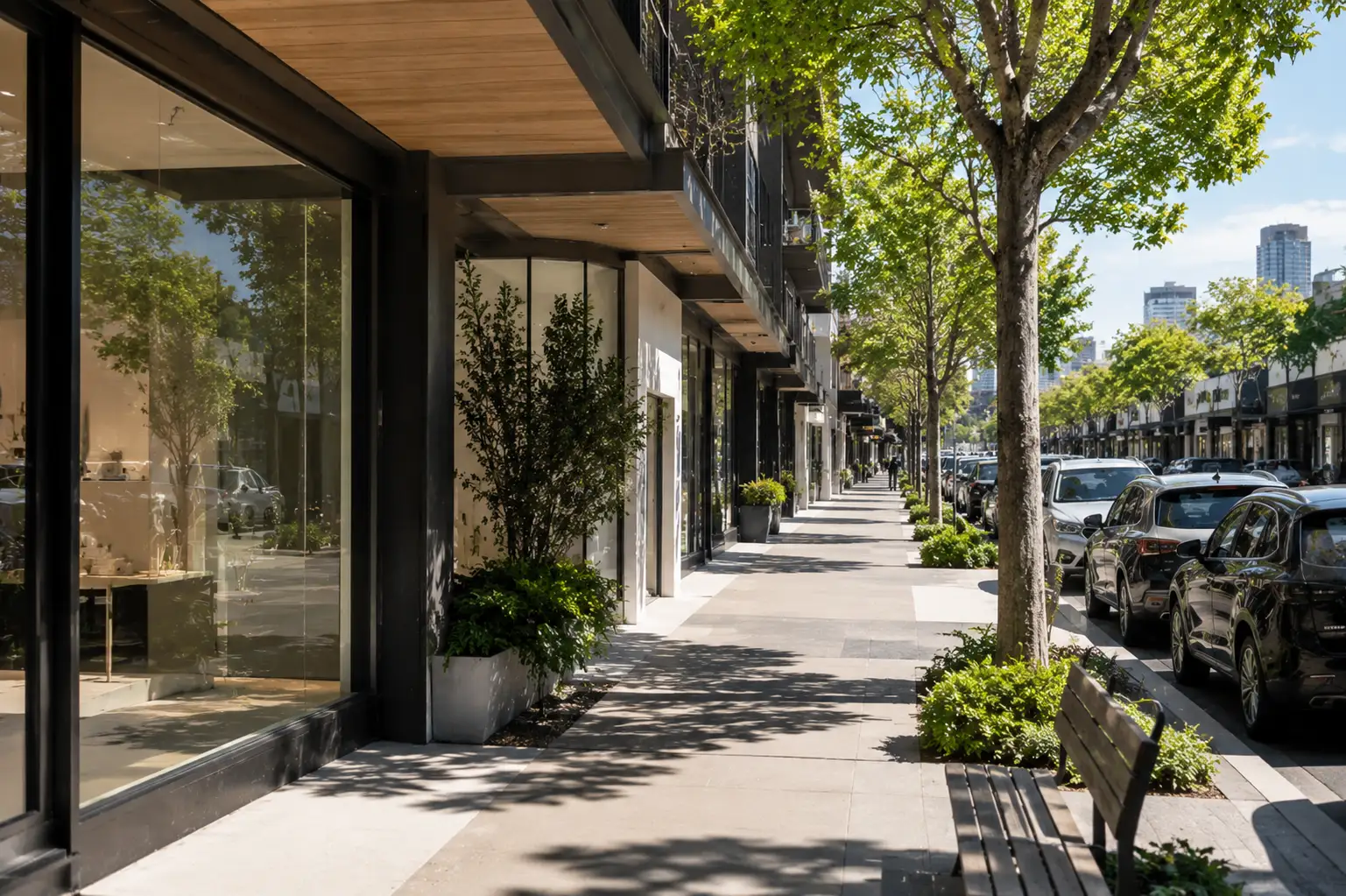 Tree-lined Bay Street shopping strip in Port Melbourne featuring modern retail storefronts, wide pedestrian footpaths, and a clean urban streetscape in natural daylight.