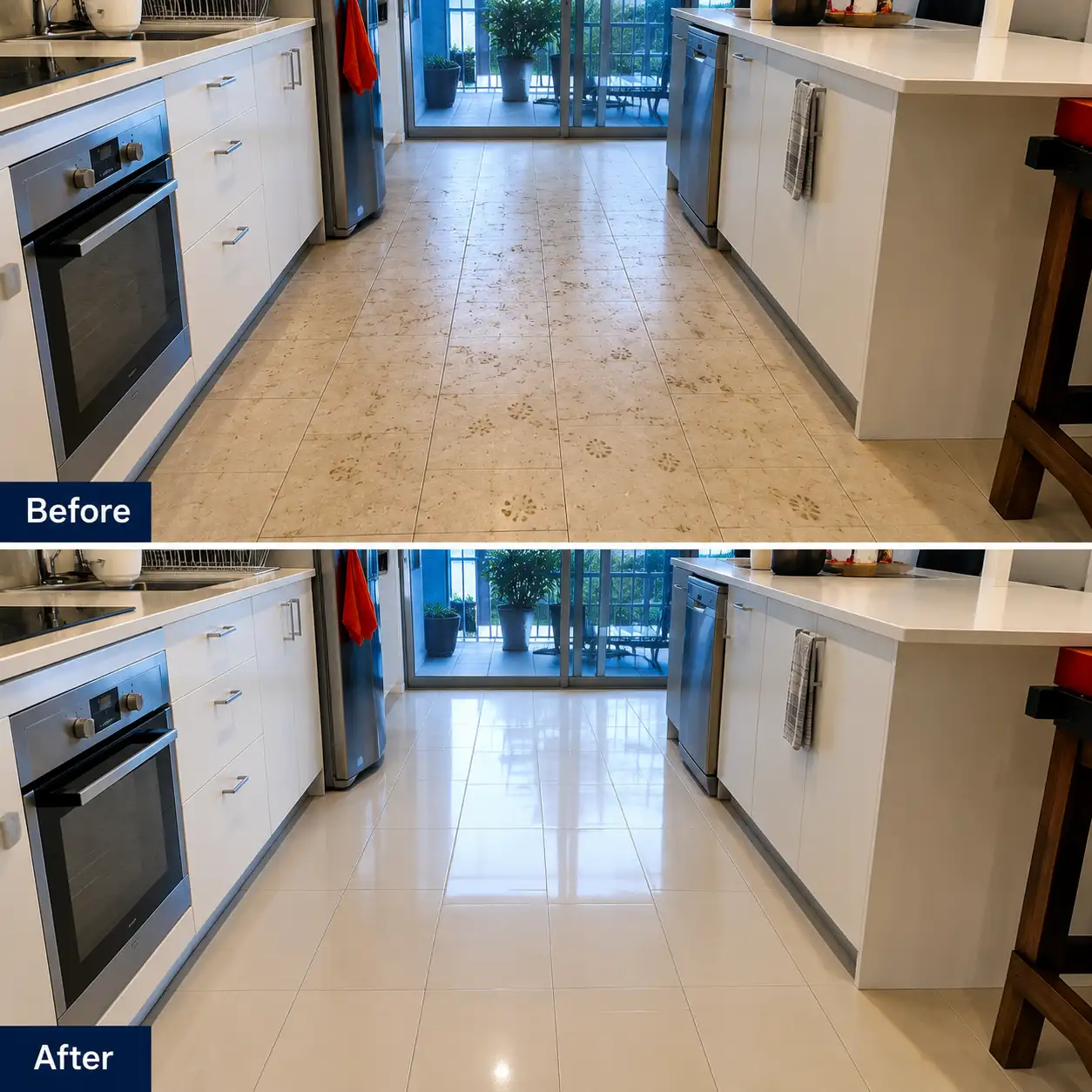 Before and after Cleaning Services in Melbourne showing a modern kitchen with dirty tiled floors transformed into spotless, professionally cleaned tiles in a Melbourne home.
