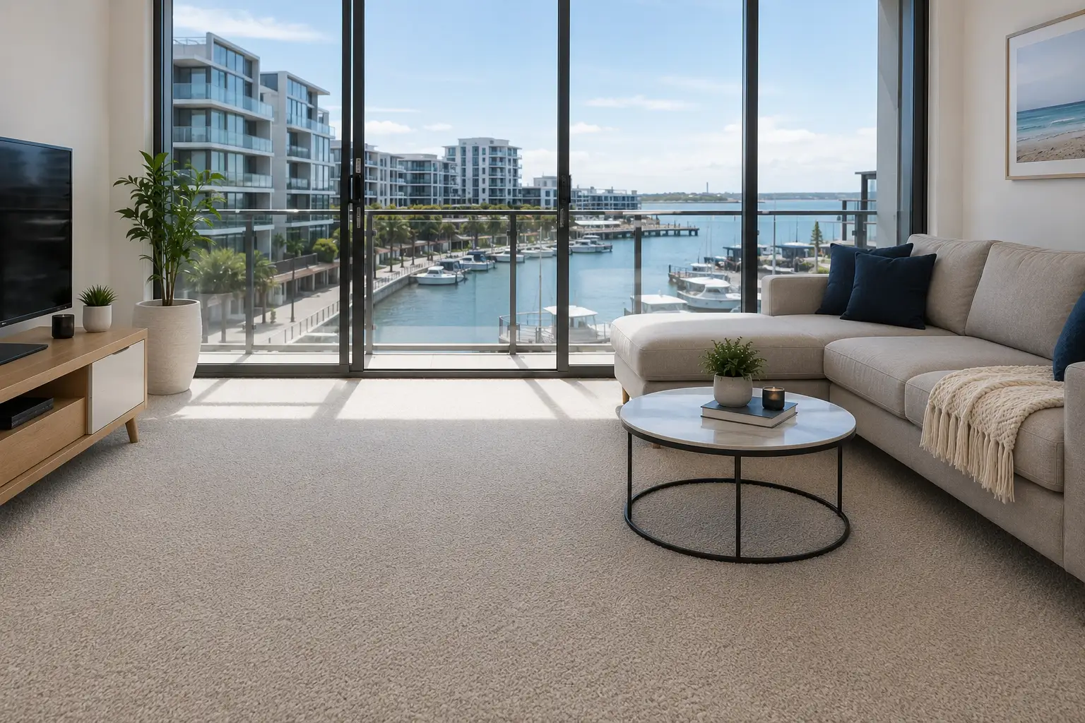 Bright waterfront apartment with clean carpet, modern living room, and marina views overlooking Beacon Cove.