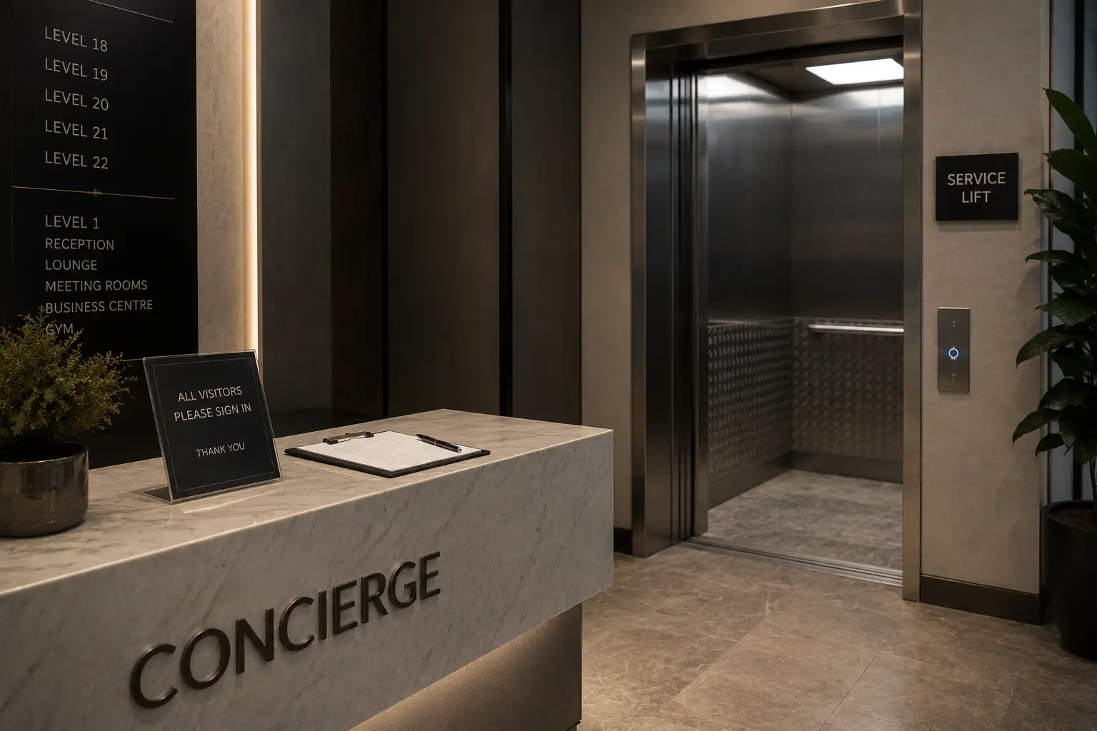 commercial building lobby with a concierge desk beside an open service lift, featuring a visitor sign-in register, polished stone flooring, contemporary finishes, and a clean, professional environment prepared for commercial cleaning access.