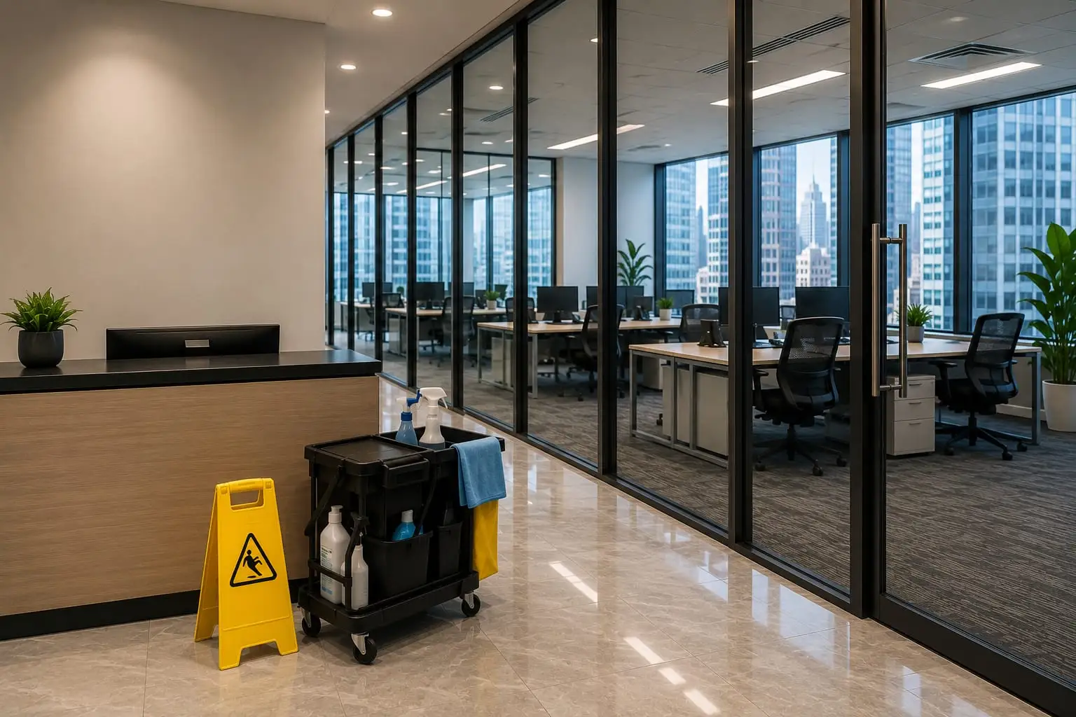 Modern secure office building lobby and glass-partitioned workspace in Melbourne CBD