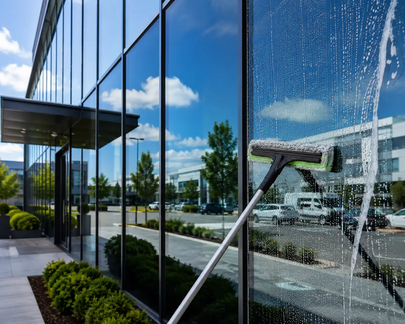 office building with floor-to-ceiling glass windows professionally cleaned to a streak-free finish, enhancing the appearance of the commercial property.