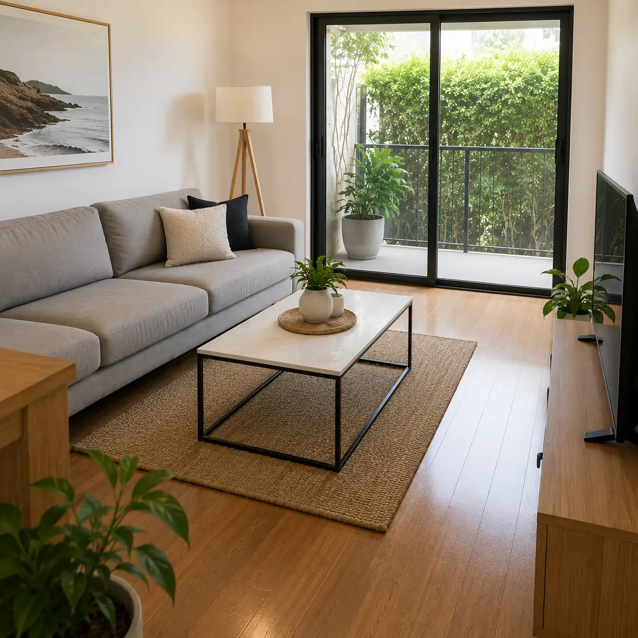 Domestic House Cleaning service in a bright, modern Melbourne home featuring spotless timber floors, a tidy living room, fresh furnishings, indoor plants, and abundant natural daylight creating a clean and welcoming space.
