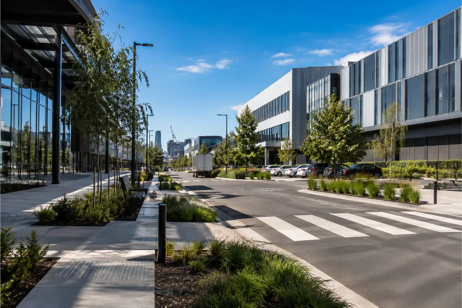 business park in Fishermans Bend featuring contemporary glass office buildings, landscaped walkways, street trees, and a clean commercial streetscape in port Melbourne.