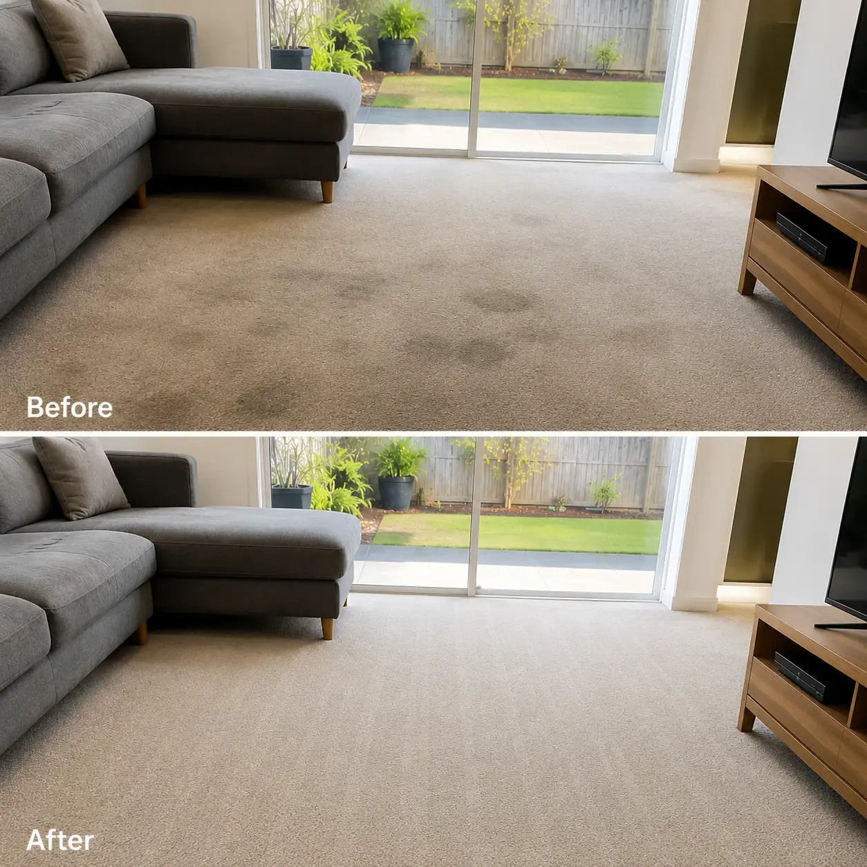 Before and after Cleaning Services of home in Melbourne showing a stained living room carpet transformed into a fresh, professionally cleaned carpet in a modern Melbourne home.
