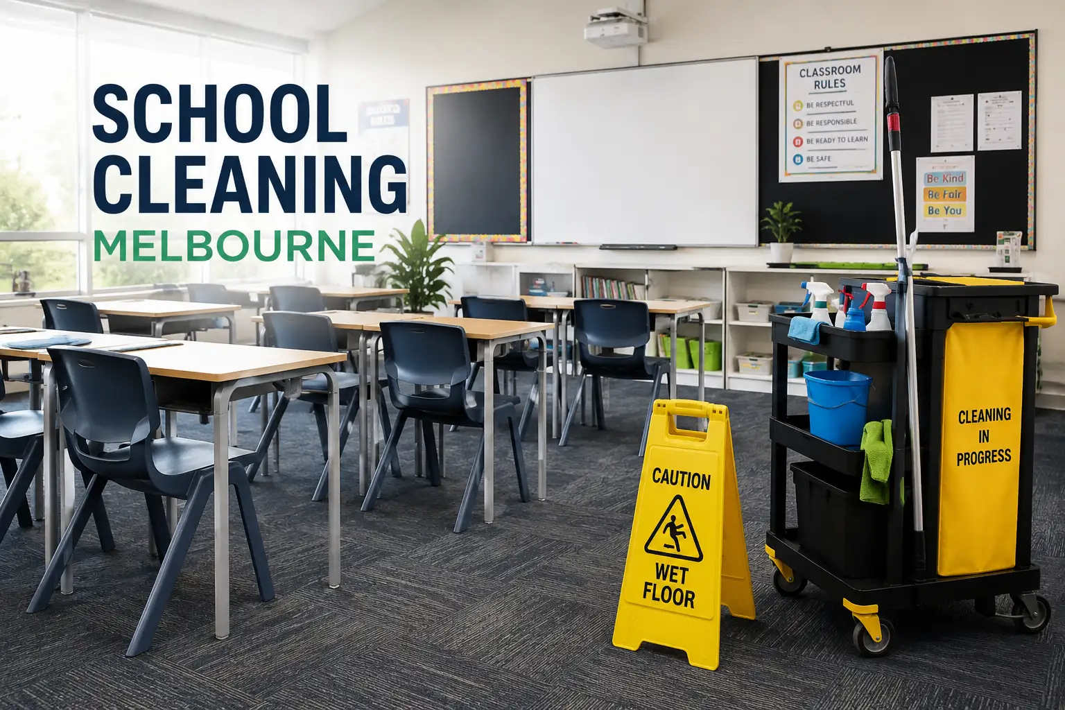 School Cleaning Melbourne in a modern educational facility with professionally cleaned classrooms, spotless floors, sanitised learning spaces, and a healthy environment.