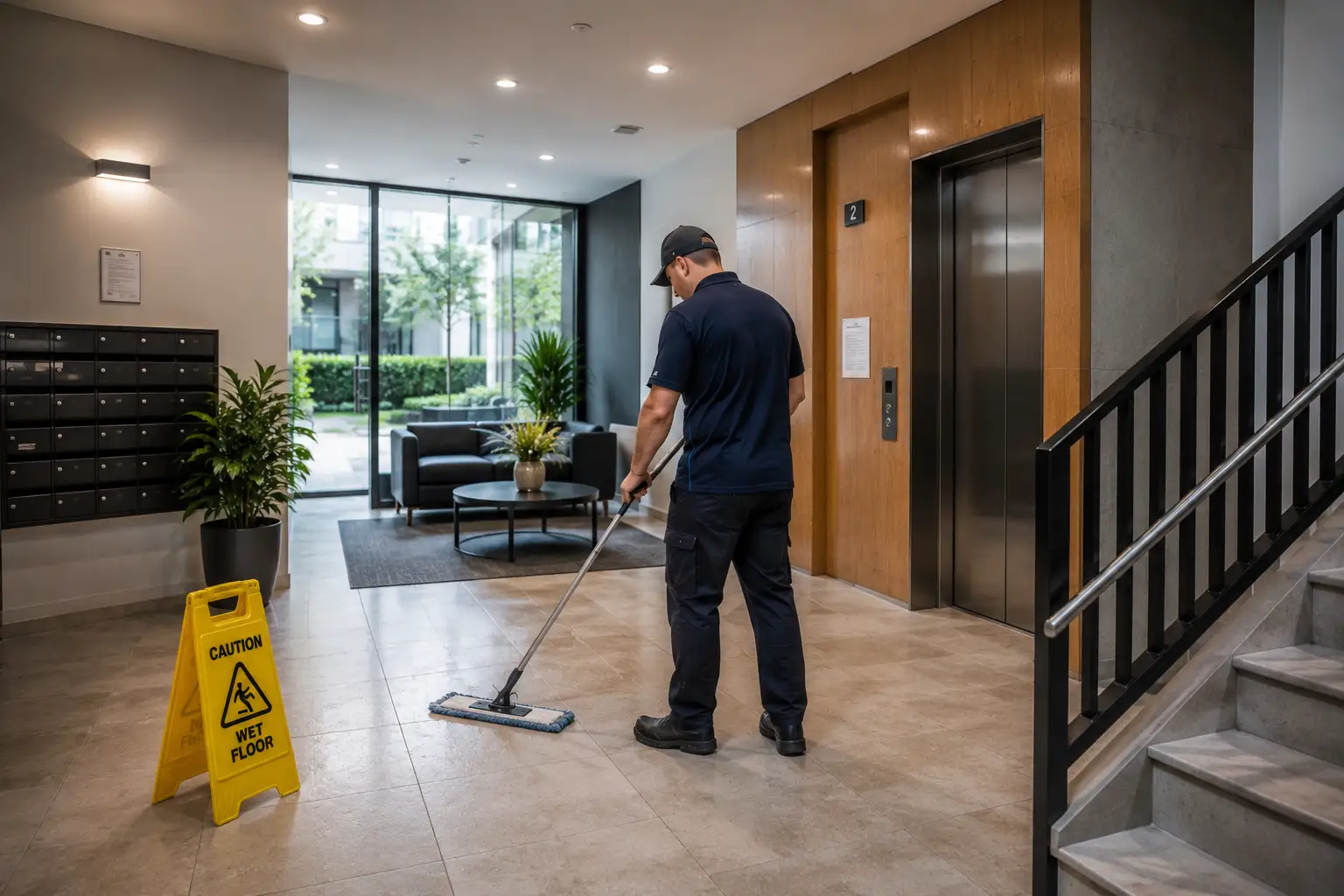 maintaining a modern apartment courtyard with professionally cleaned walkways, landscaped communal gardens, and well-presented shared outdoor spaces.