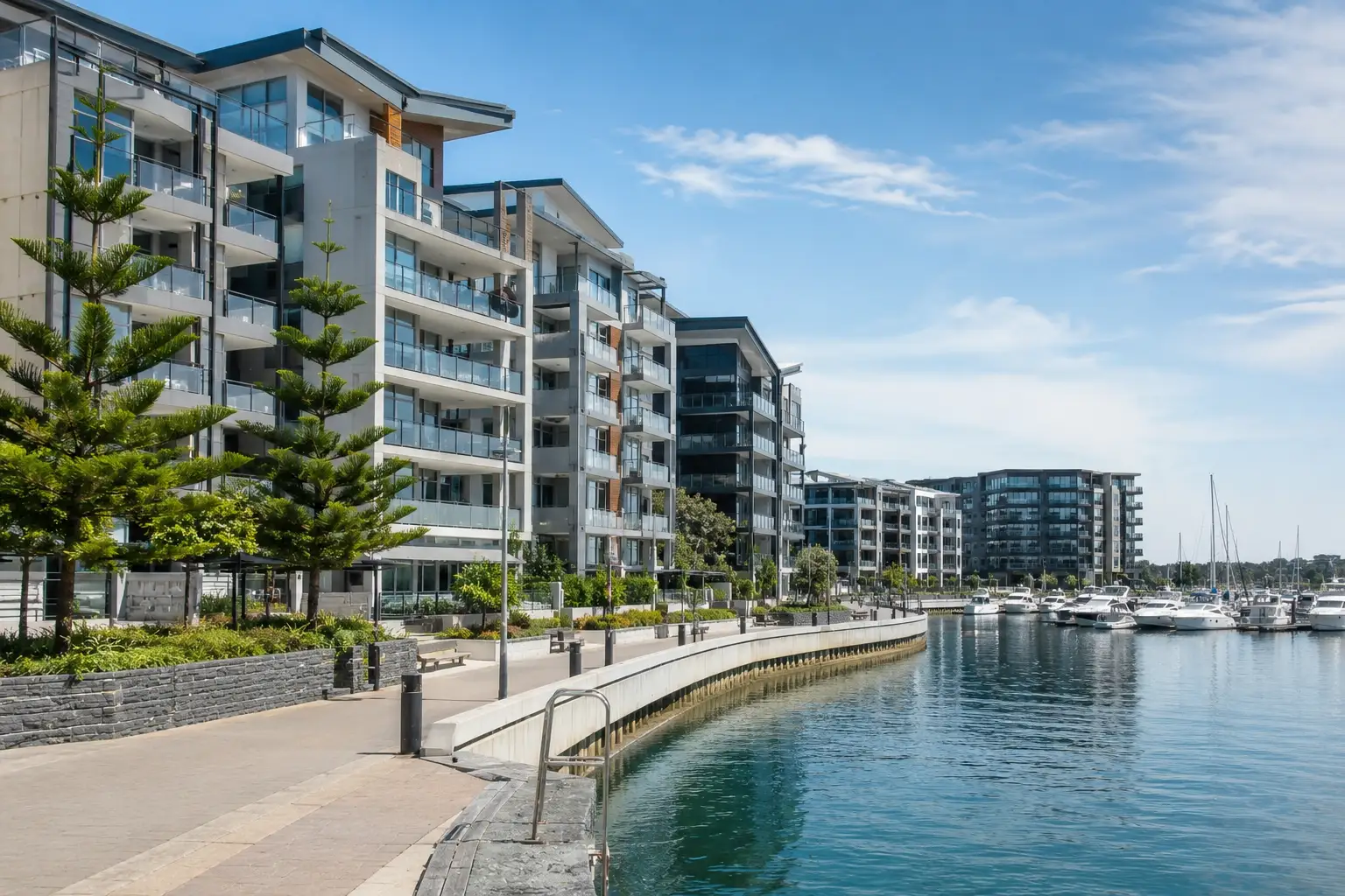 Modern waterfront apartments around Beacon Cove
