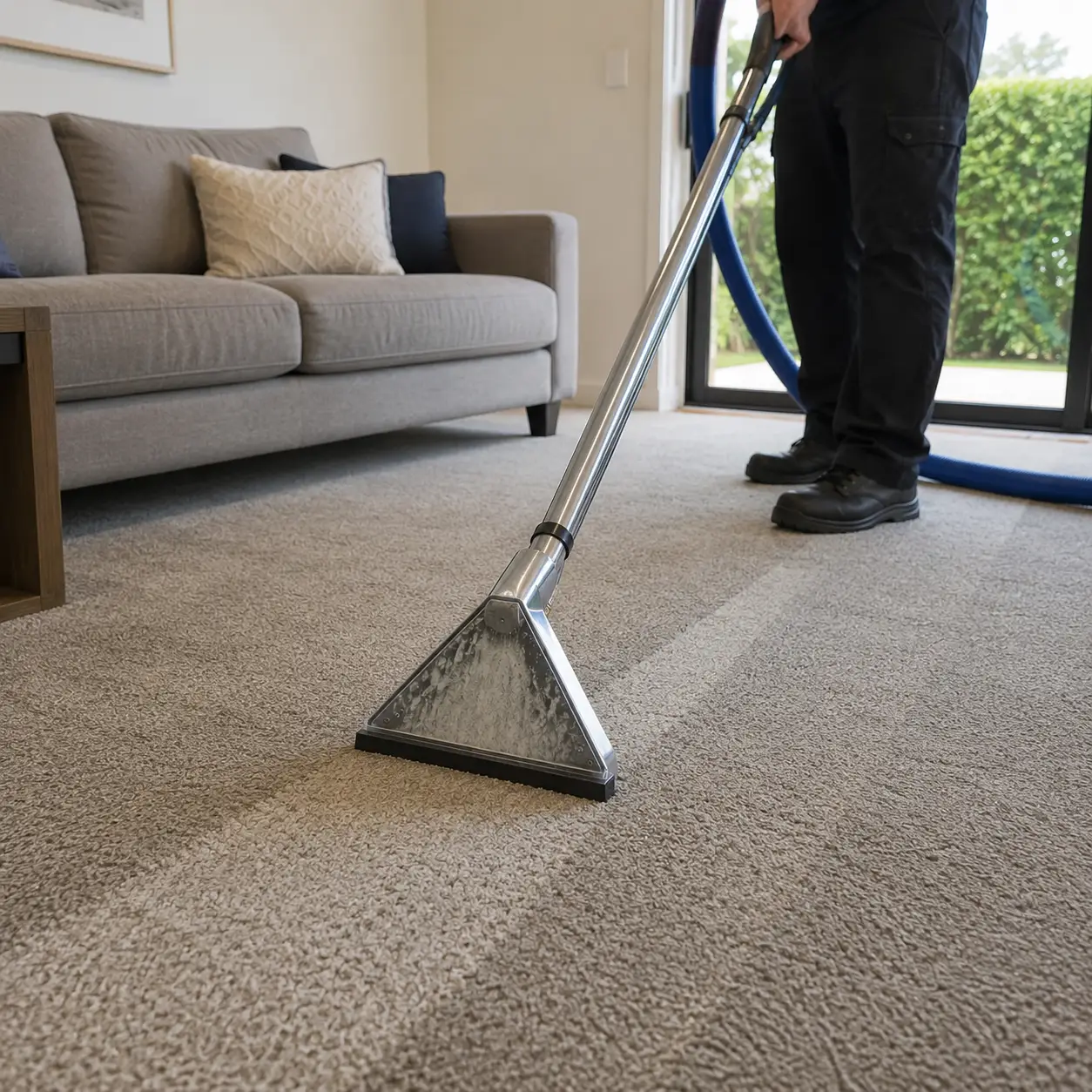 professional hot water extraction equipment to deep clean a light-coloured carpet in a modern Melbourne home, removing embedded dirt and restoring a fresh, clean appearance.