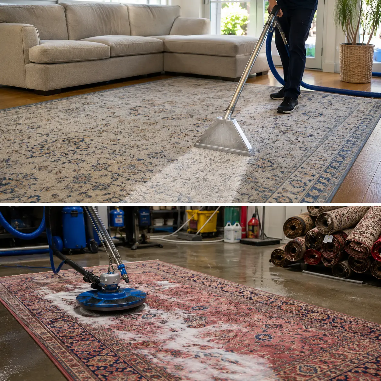 Rug Cleaning in Melbourne with professional cleaning performed both in a modern home and at a dedicated off-site rug cleaning facility, delivering deep cleaning and expert care for all rug types.