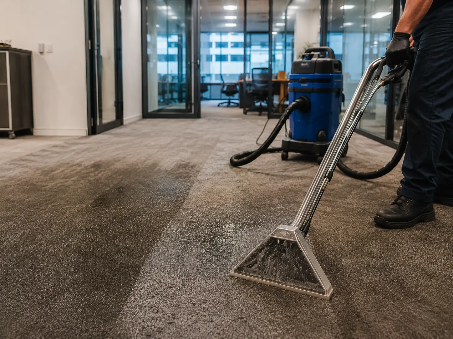 Wet carpet cleaning in a Melbourne CBD office using hot water extraction equipment, showing damp commercial carpet during the professional deep cleaning process.
