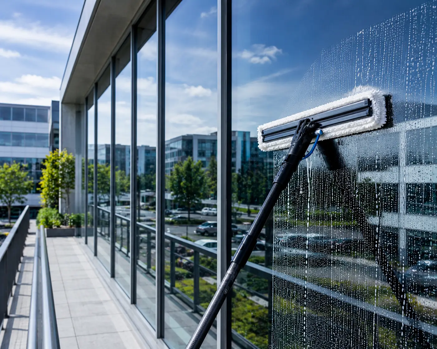 Professional Window washing service at a modern commercial office in Melbourne building with floor-to-ceiling glass windows being cleaned to a streak-free finish, providing clear views and a polished business appearance.