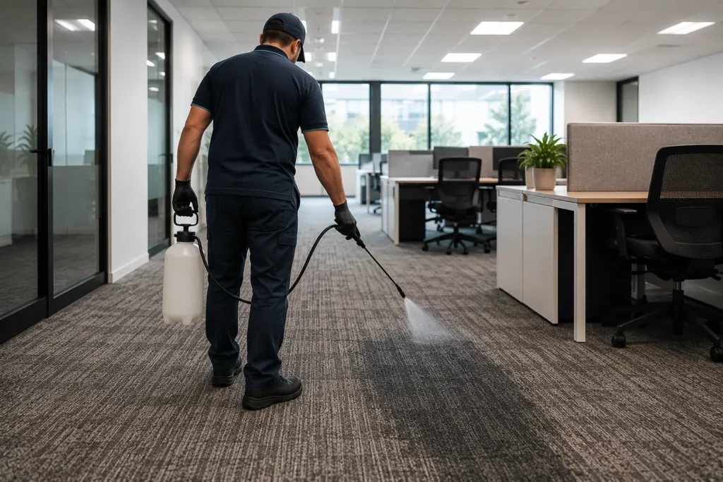 Commercial carpet inspection and pre-spray treatment in a modern Melbourne CBD office