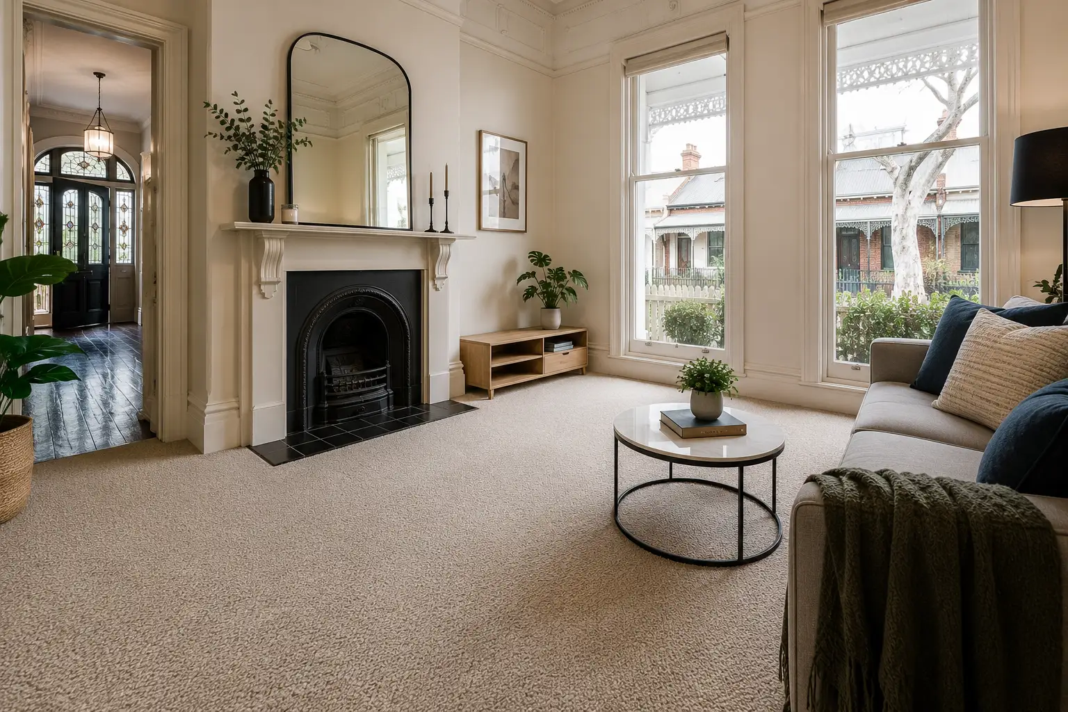 Heritage-style period home with high ceilings, ornate fireplace, sash windows