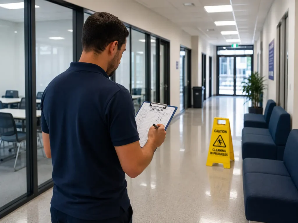 cleaning supervisor completing a quality inspection checklist