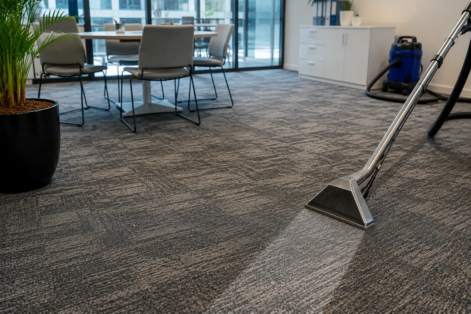 Professional cleaning of carpet in a modern Melbourne CBD office featuring patterned commercial carpet tiles, a hot water extraction machine, contemporary meeting area, and bright natural light through large windows.