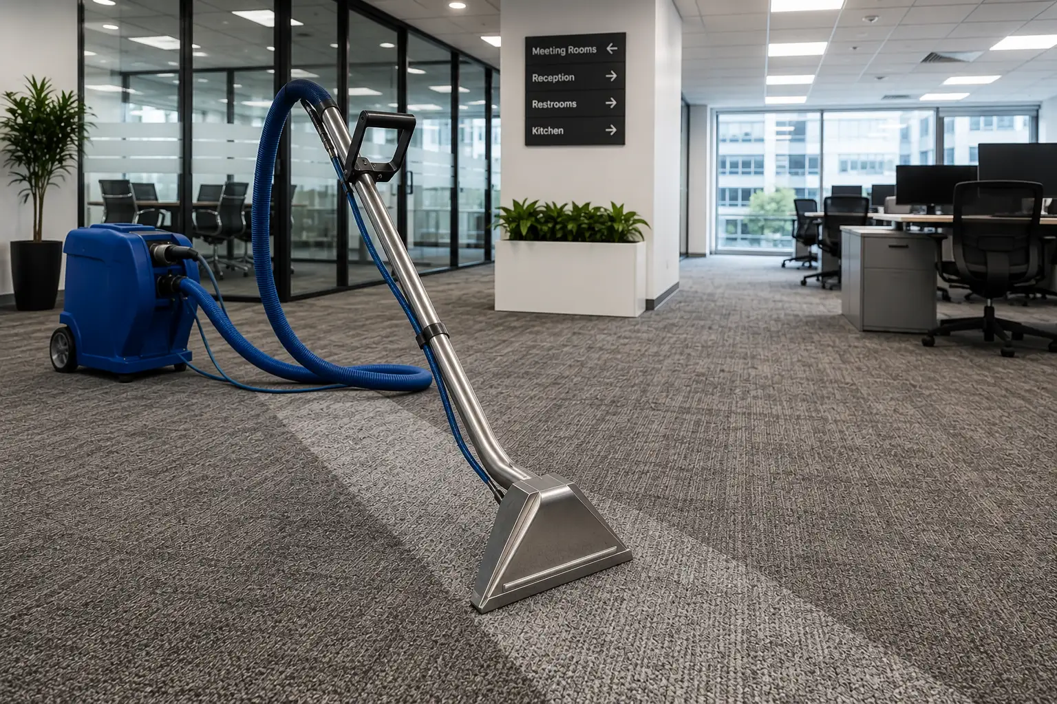 deep cleaning of a carpet in modern office building, suitable for offices