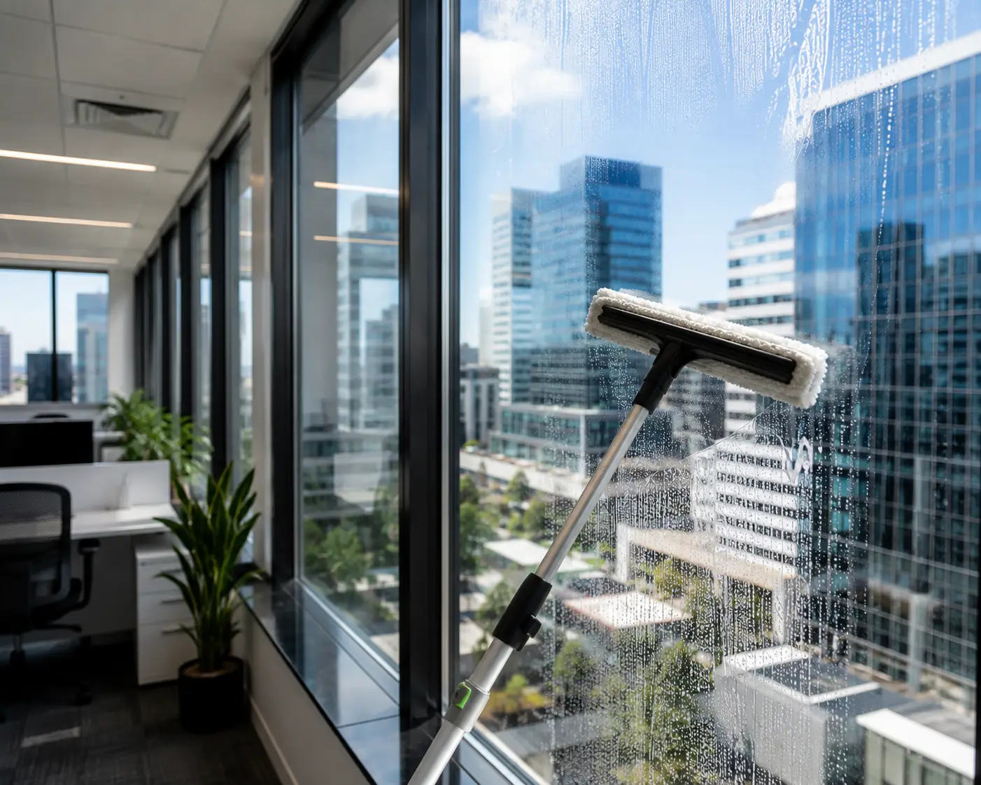professional window cleaning squeegee removing water and residue from large commercial office windows, leaving a crystal-clear, streak-free finish with modern Melbourne office buildings in the background.
