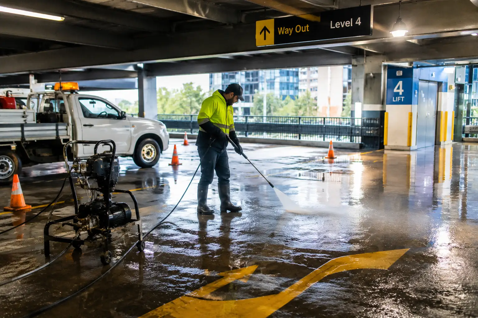 pressure cleaning of a Melbourne CBD commercial car park