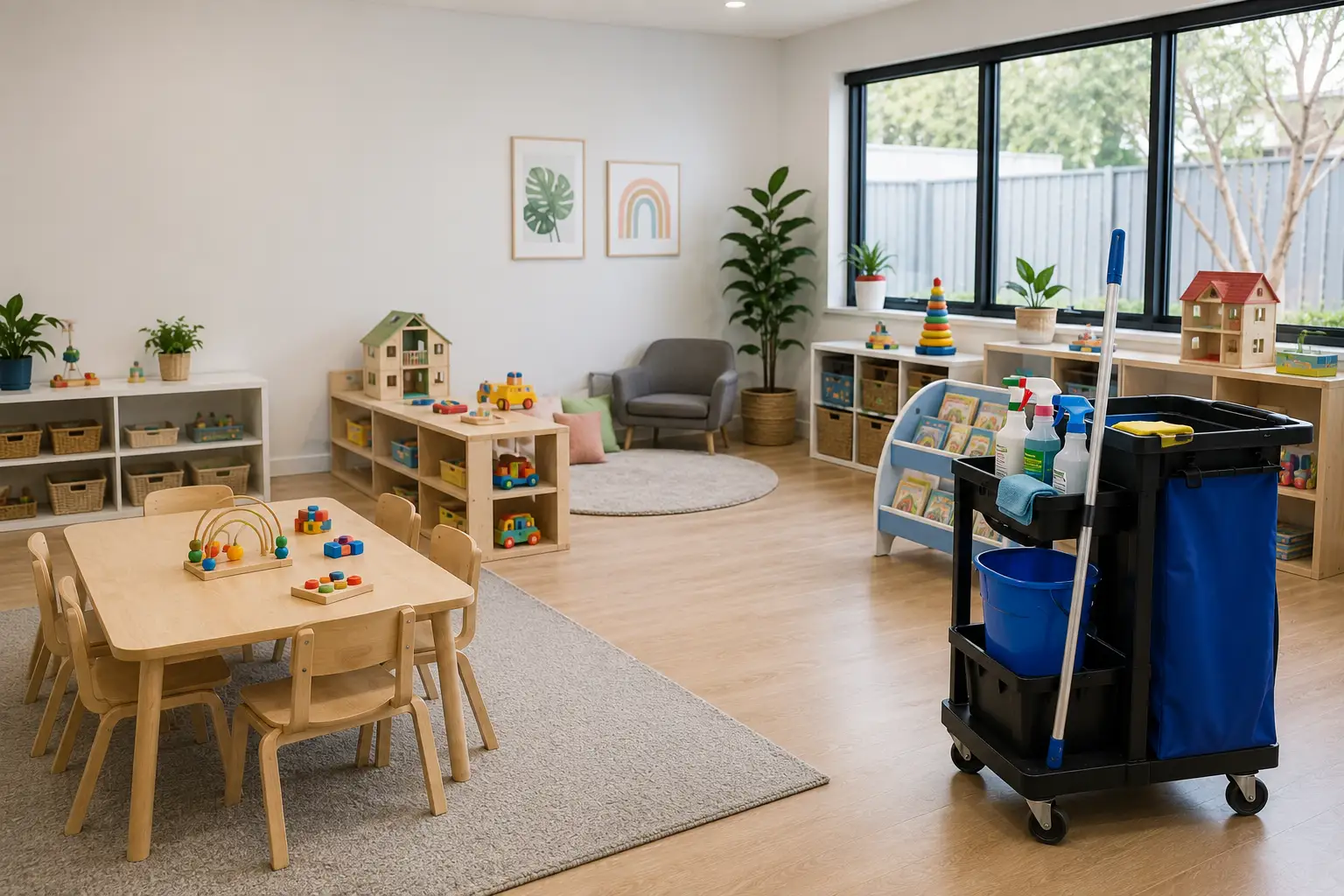 Childcare and Daycare Cleaning Melbourne with a professionally cleaned childcare centre featuring sanitised play areas, tidy learning spaces, clean floors, and a safe environment for children.