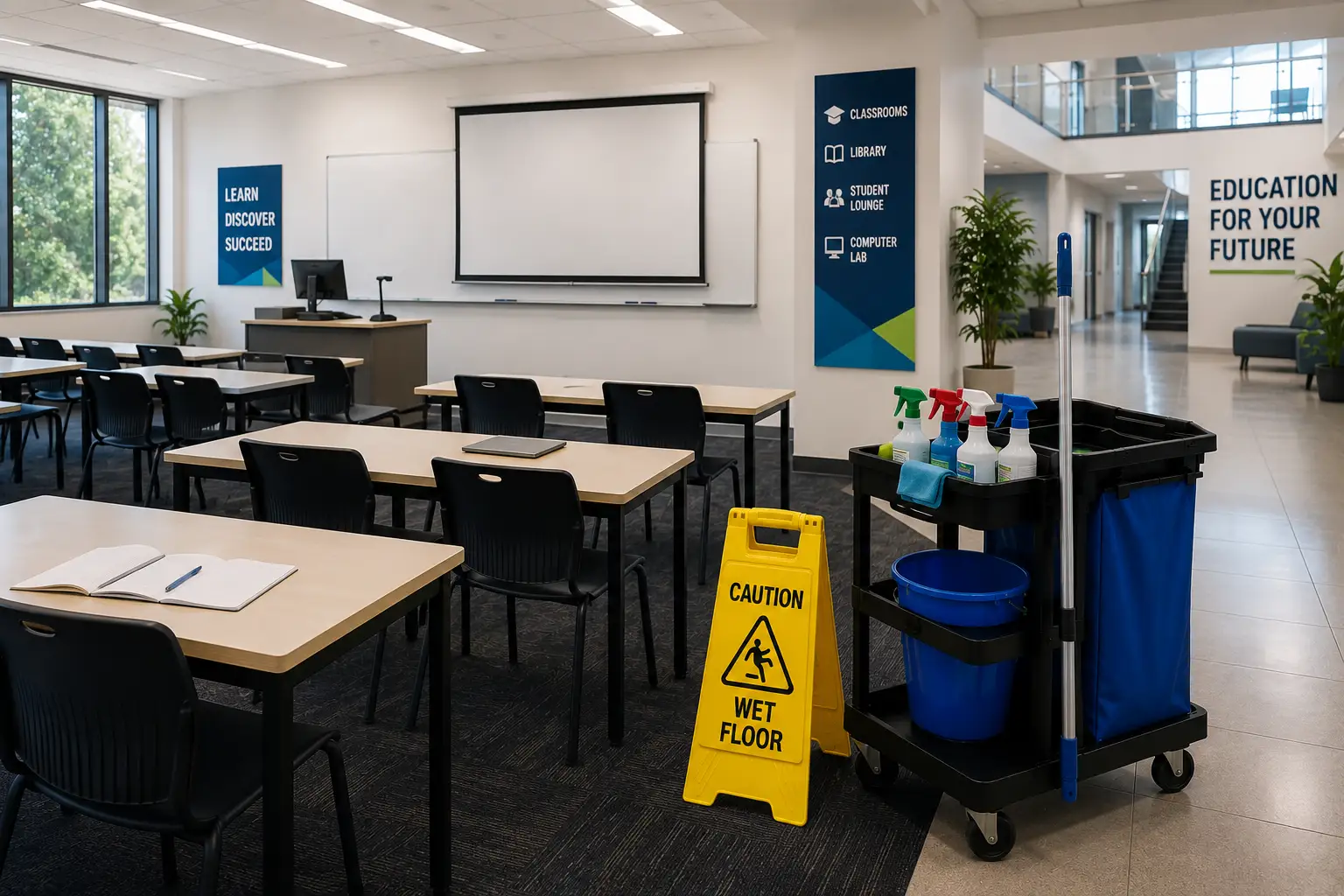 professionally cleaned lecture theatres, classrooms, study spaces, and campus facilities for students and staff in University, TAFE and College Melbourne