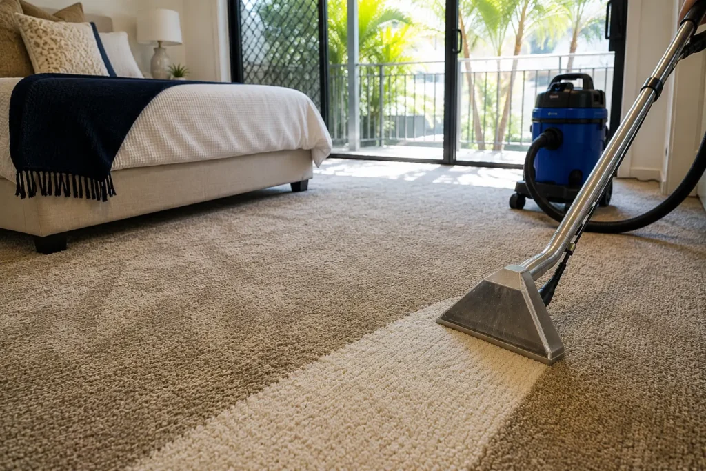 Doing carpet cleaning of bedroom with a plush beige carpet, hot water extraction cleaning equipment in CBD home.