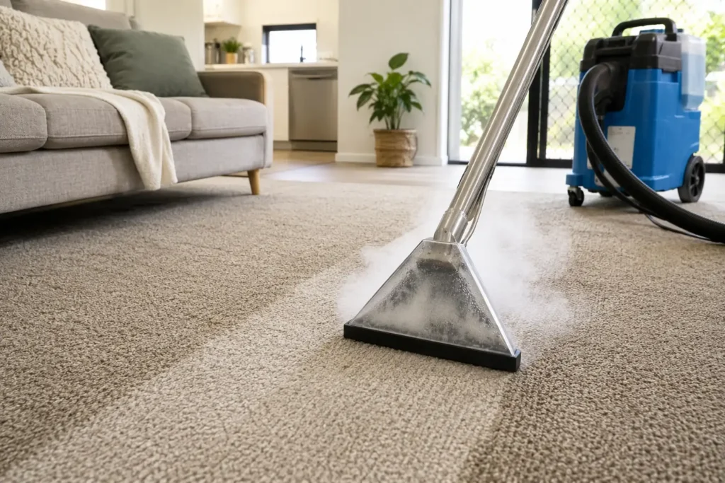 Professional carpet steam cleaning in a Reservoir home, with a steam cleaning machine refreshing a carpeted living room.