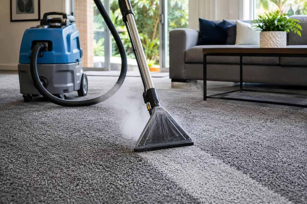Carpet and steam cleaning Epping with a professional carpet extraction machine and cleaning wand deep-cleaning a residential carpet in a modern living room.