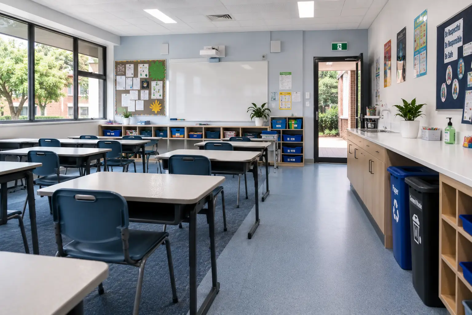 Clean classroom in a Brunswick school with tidy desks, sanitised learning spaces