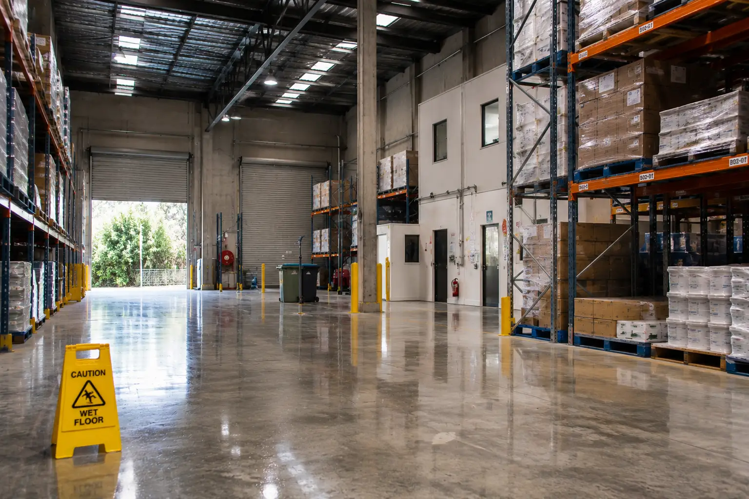 Clean warehouse in Brunswick with polished concrete floors, organised pallet racking