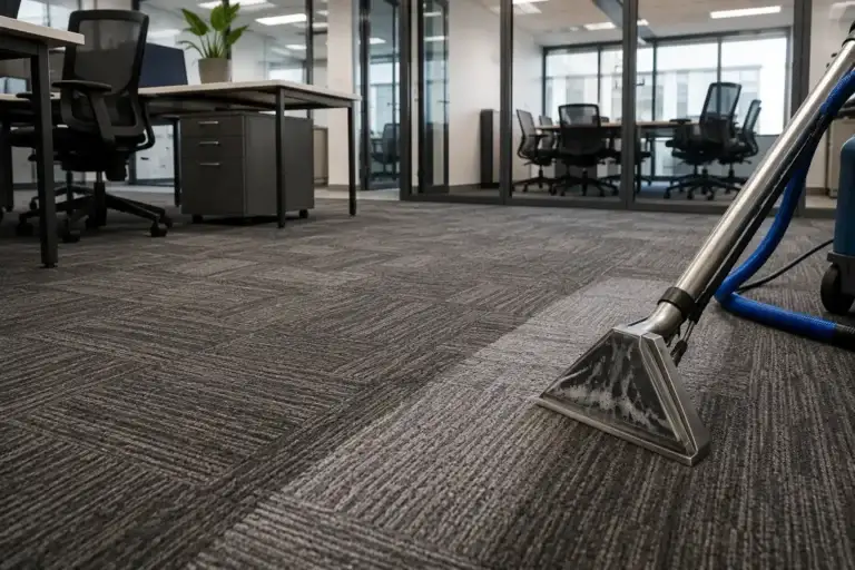 commercial carpet cleaning in a modern Reservoir office using a hot water extraction machine