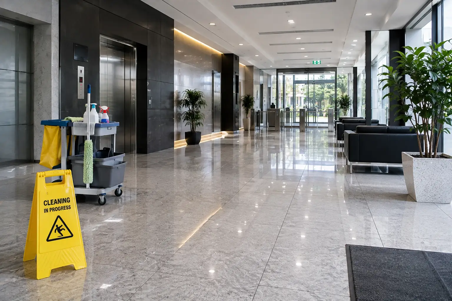 Commercial cleaning Reservoir service in a modern office building lobby with polished floors, cleaning equipment, a janitorial cart, seating areas, elevators, and indoor plants.