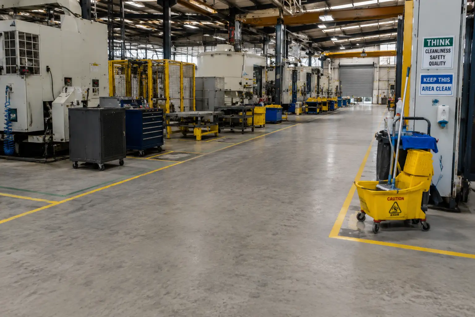 Factory floor with industrial machinery, safety-marked concrete walkways and a cleaning cart, representing professional factory cleaning in Dandenong.
