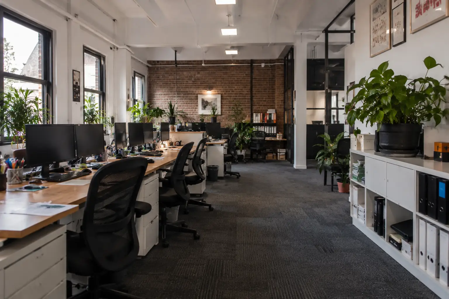 Modern Brunswick office with tidy workstations, clean carpet, organised desks