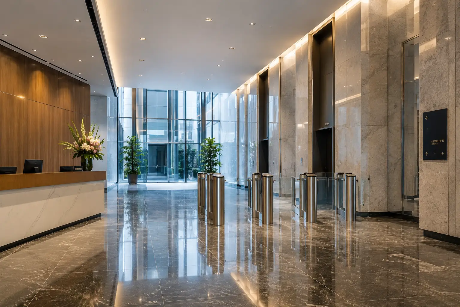 Modern purpose-built office tower lobby in Melbourne CBD with marble flooring
