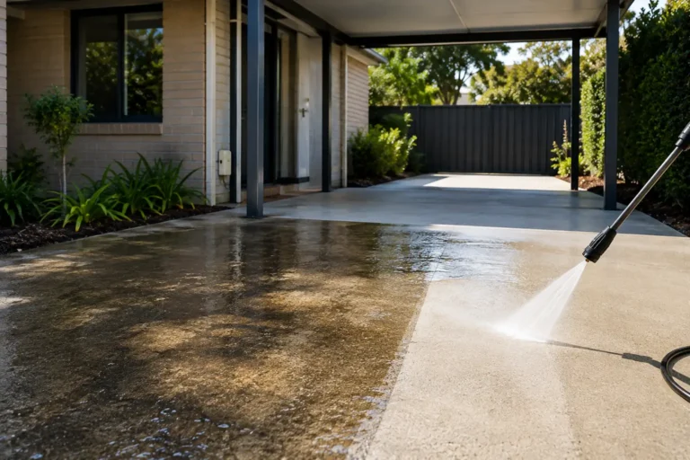 Professional-pressure-cleaning-restoring-a-residential-driveway-and-carport-in-Laverton 