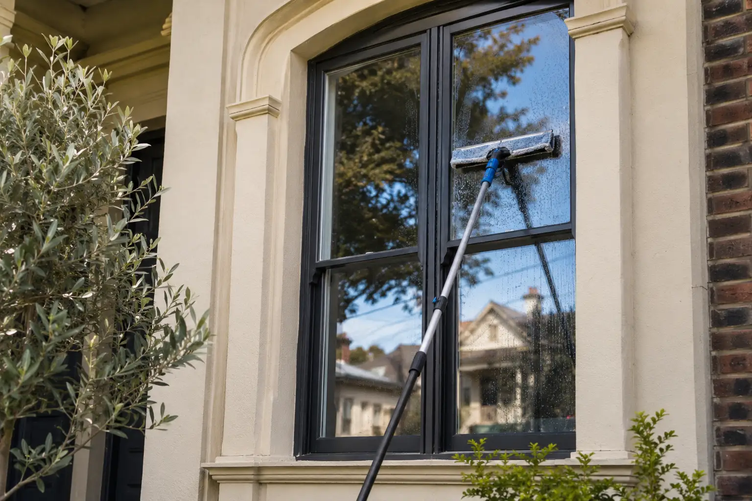 Professional window cleaning at a Brunswick home with streak-free glass, large heritage-style windows