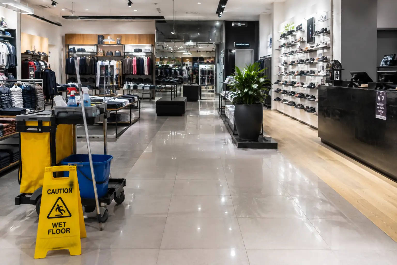 Professional retail store cleaning with polished floors, organised clothing and shoe displays, and commercial cleaning equipment in a bright Dandenong retail environment.
