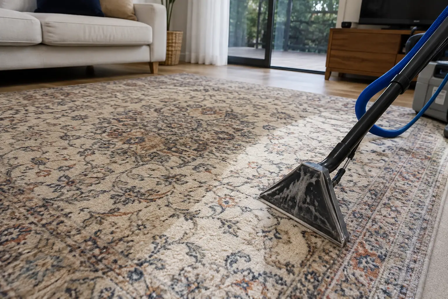 rug cleaning service in Bayswater using a hot water extraction machine to deep clean a patterned area