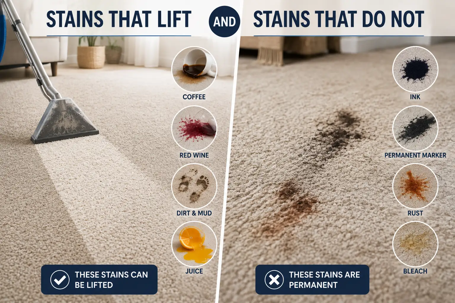 Split-screen comparison of carpet stains that can be removed, such as coffee, red wine, dirt, mud and juice, versus permanent stains including ink, marker, rust and bleach.