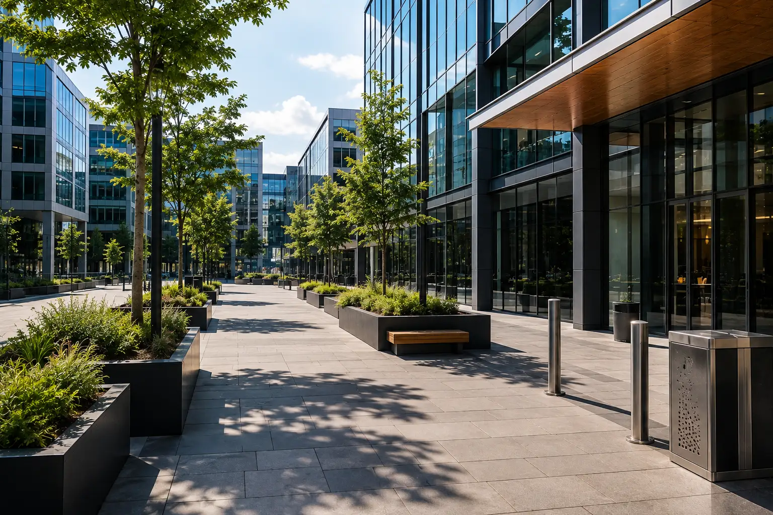 Modern commercial town centre with glass office buildings, landscaped planters, trees, pedestrian walkways, benches, and a clean professional outdoor environment.