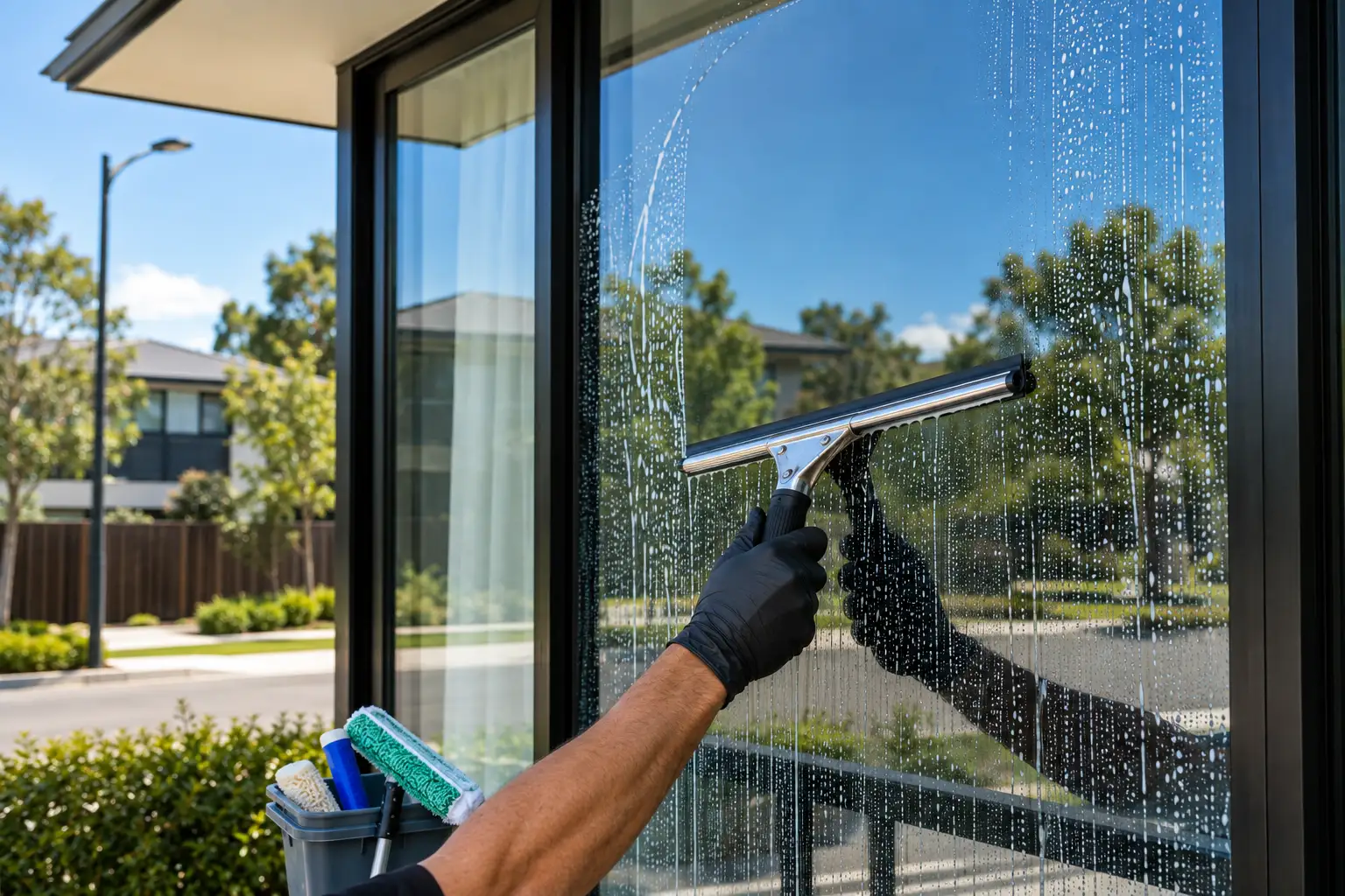 Window cleaning Reservoir with a professional squeegee cleaning a large glass window, cleaning tools in the foreground,