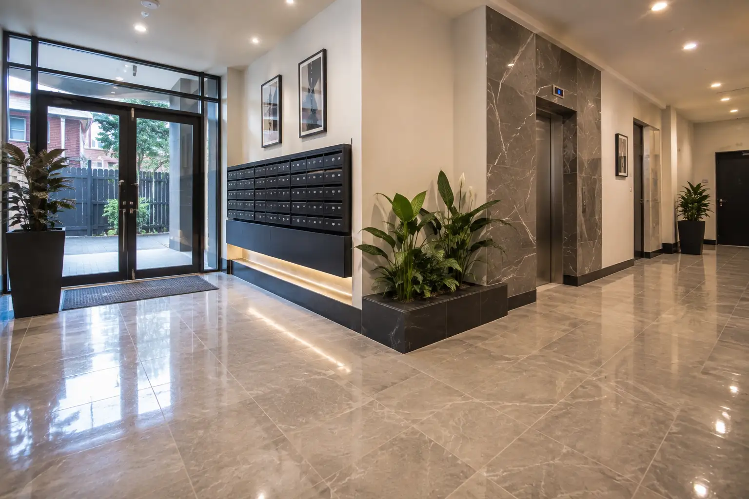 apartment lobby in Brunswick with polished floors, clean lift area