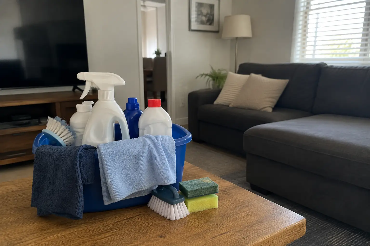 house cleaning supplies arranged on a wooden coffee table in a bright, modern Bayswater living room with a clean sofa