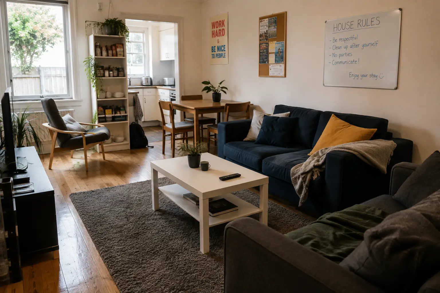 Rental share house living room in Brunswick with a tidy lived-in interior, timber flooring, mixed furniture, and common areas ready for professional end-of-lease carpet and house cleaning.