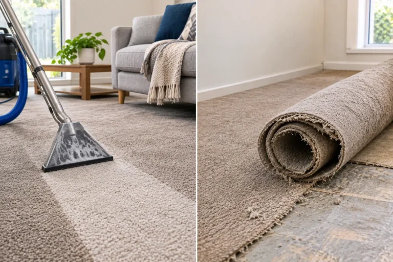 showing-a-professional-carpet-extractor-on-one-side-and-damaged-rolled-up-carpet-on-otherside